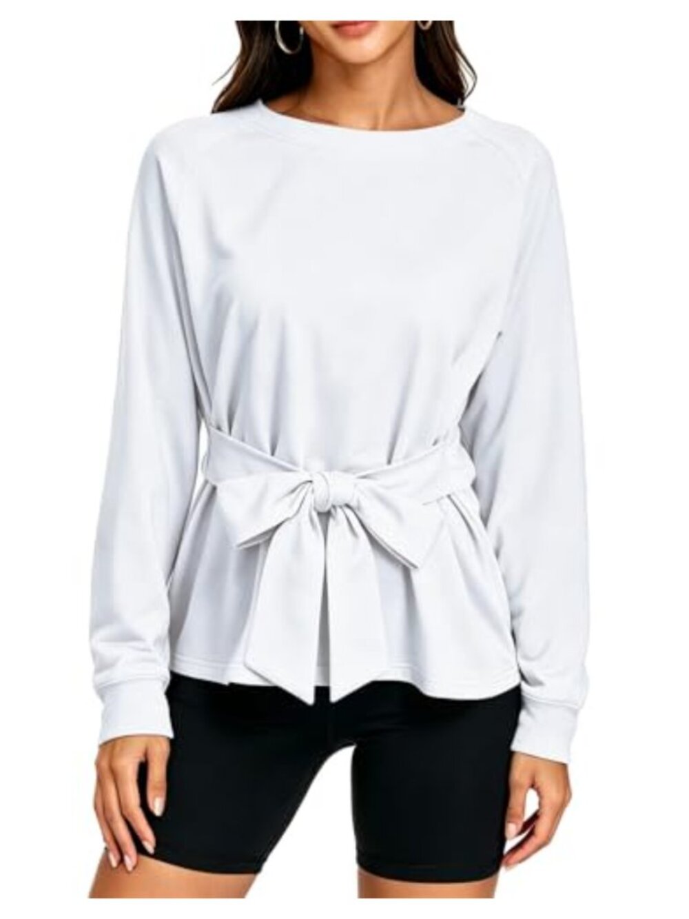 ATOFY Women's Tie Knot Crew Neck Long Sleeve Loose Fit Cropped Sweatshirt Top